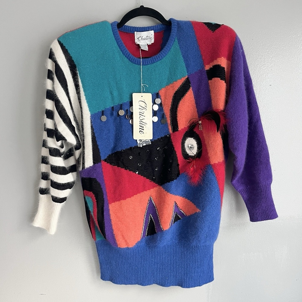Vintage 80s Christine Sweater Lambswool Angora Geometric Embellished L NWT *hole